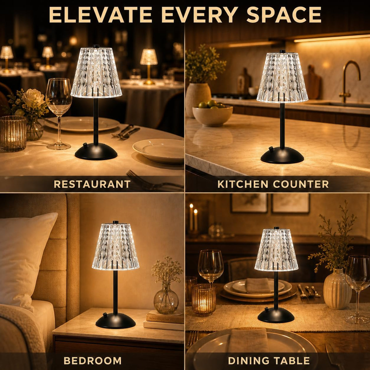Small Black Cordless Table Lamp Rechargeable for Kichen Countertop Dining