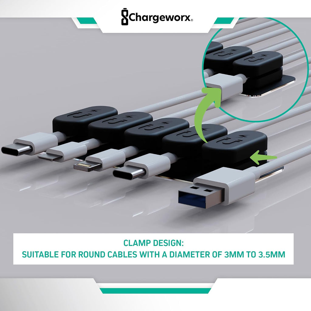 Chargeworx Magnetic Cable Holder Cable Management Multipurpose Desktop Cable Management System, 10-Pack, Great for USB-C, Lightning, Micro-USB & Other Cables Sticks to Any Surface (Black - 10 Pack)