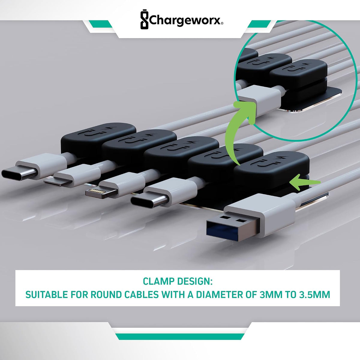 Chargeworx Magnetic Cable Holder Cable Management Multipurpose Desktop Cable Management System, 10-Pack, Great for USB-C, Lightning, Micro-USB & Other Cables Sticks to Any Surface (Black - 10 Pack)