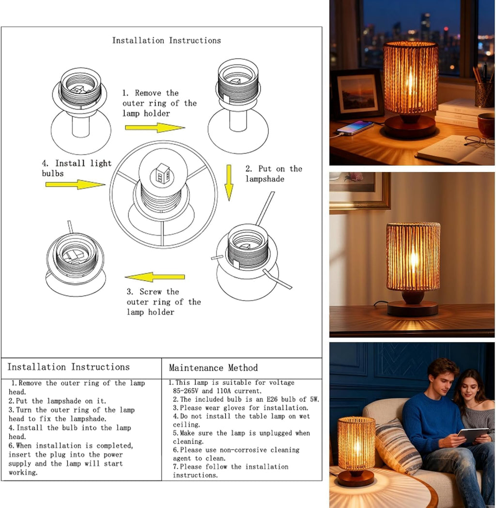 Handmade Rattan Lamp Boho Table Lamp for Bedroom, Stepless Dimming Small Woven Lamps for Night Stands with Warm White LED Bulb, Coastal Boho Lamp for Living Room Reading Nook Office Desk
