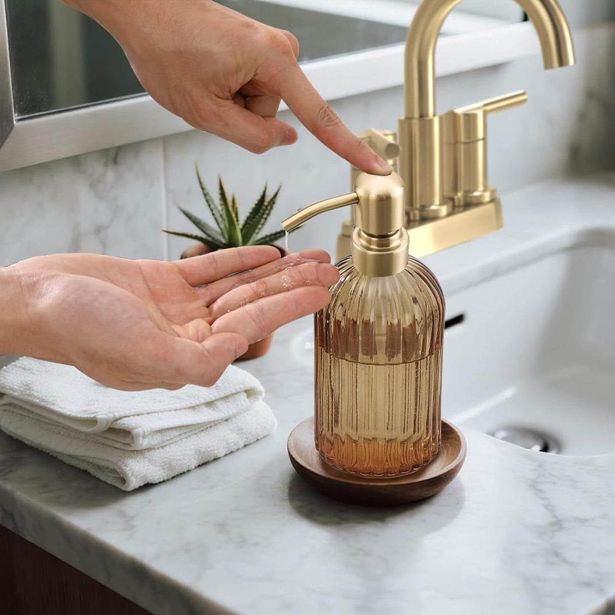 Avola 16 Oz Amber Glass Soap Dispenser,Stainless Steel Brushed Gold Pump Vertical Stripes Design for Bathroom Hand Soap & Kitchen Dish Soap,Brown Liquid Soap Dispenser for Countertops