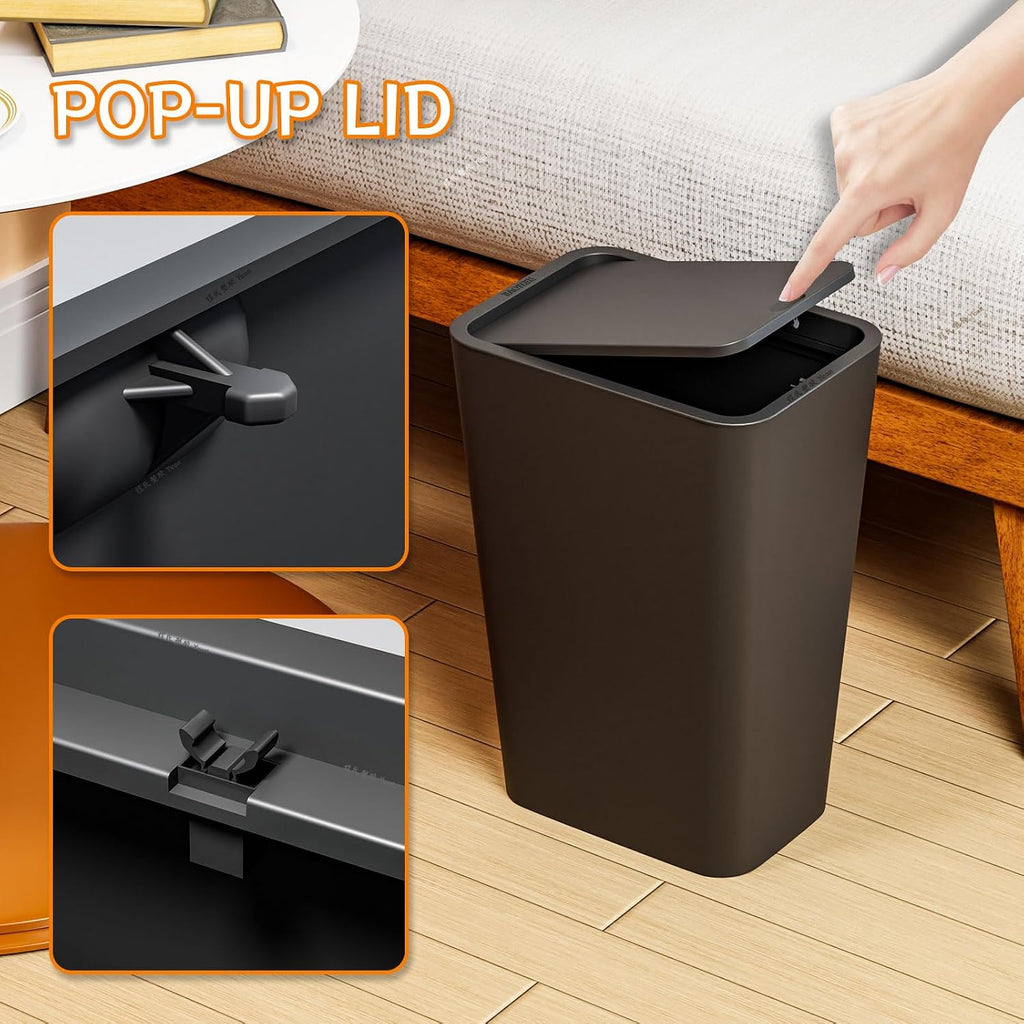 Yieach 12L Black Slim Bathroom Trash Can with Lid,3.17 Gallon Pet/Dog Proof Kitchen Trash Can,Rectangle Thin Garbage Can,Covered Waste Basket,Narrow Small Plastic Trashcan for Room,Bedroom,Office,3PCS