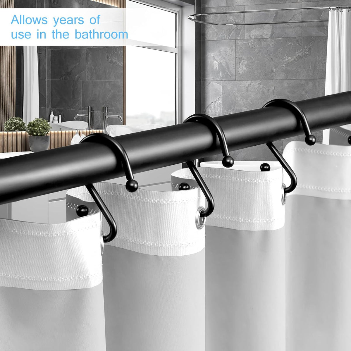 Shower Curtain Hooks, Metal Shower Hooks for Shower Curtain Rod, Rust Proof Metal Shower Curtain Rings, Decorative S Shower Hook (Black)