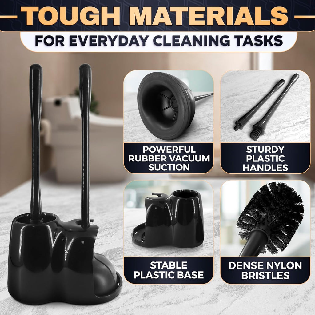 2-in-1 Black Toilet Brush and Plunger Set with Holder, 6.4×5.5×17.1 in
