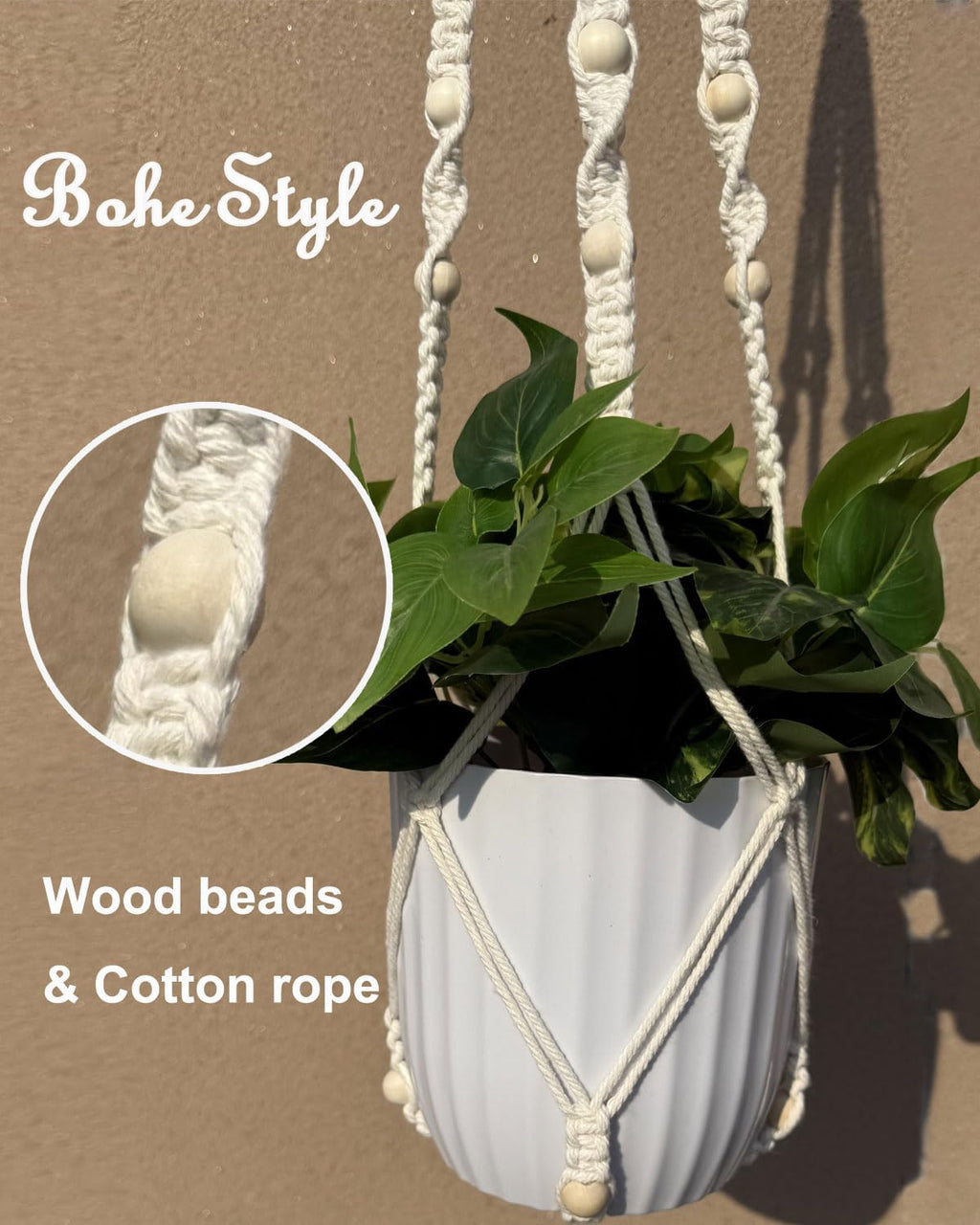 Macrame Plant Hanger Indoor Hanging Flower Pot Holder Boho Home Decor Planter Basket for Indoor Outdoor Ivory (POTS NOT Included) (Wood Bead-35, 1)