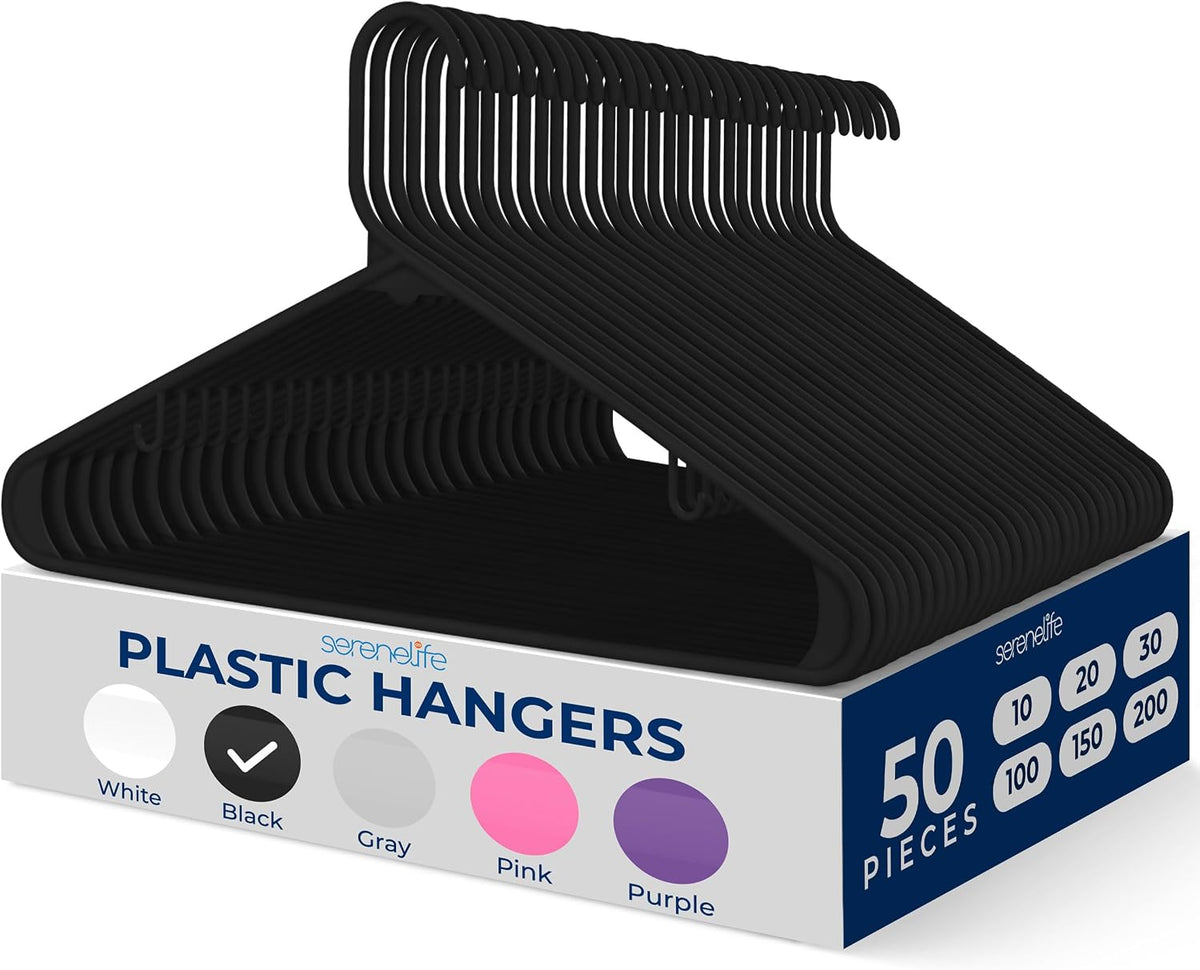 SereneLife 50 Pack Plastic Clothes Hangers | Organize Shirts, Dresses & Coats in Your Closet | Lightweight Non-Slip Recycled ABS, Heavy Duty, Ultra-Thin 0.24-Inch Profile, 5.5 Lbs Capacity | Black