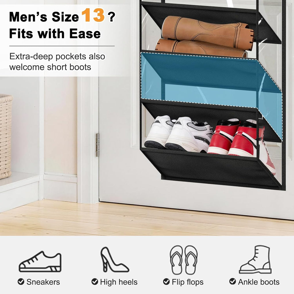 MISSLO 36 Pairs Clear Over the Door Shoe Organizer Closet Hanging Shoe Rack for Door with Large Deep Pockets Shoes Hanger Holder for Sneakers, Boots, Heels Storage (Black)