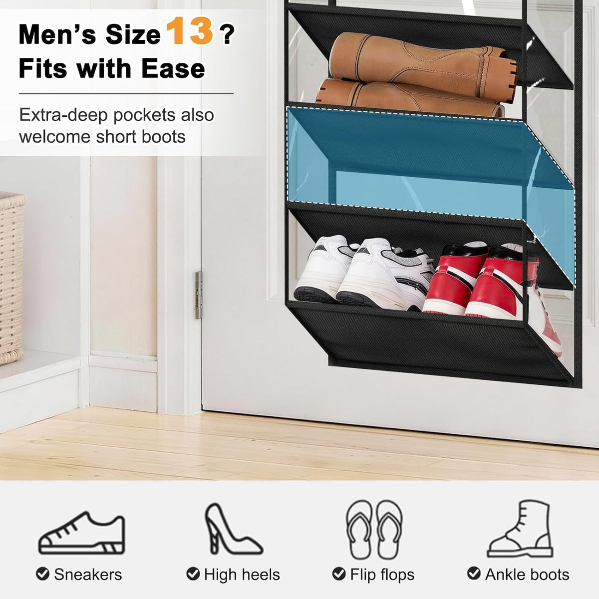 MISSLO 36 Pairs Clear Over the Door Shoe Organizer Closet Hanging Shoe Rack for Door with Large Deep Pockets Shoes Hanger Holder for Sneakers, Boots, Heels Storage (Black)