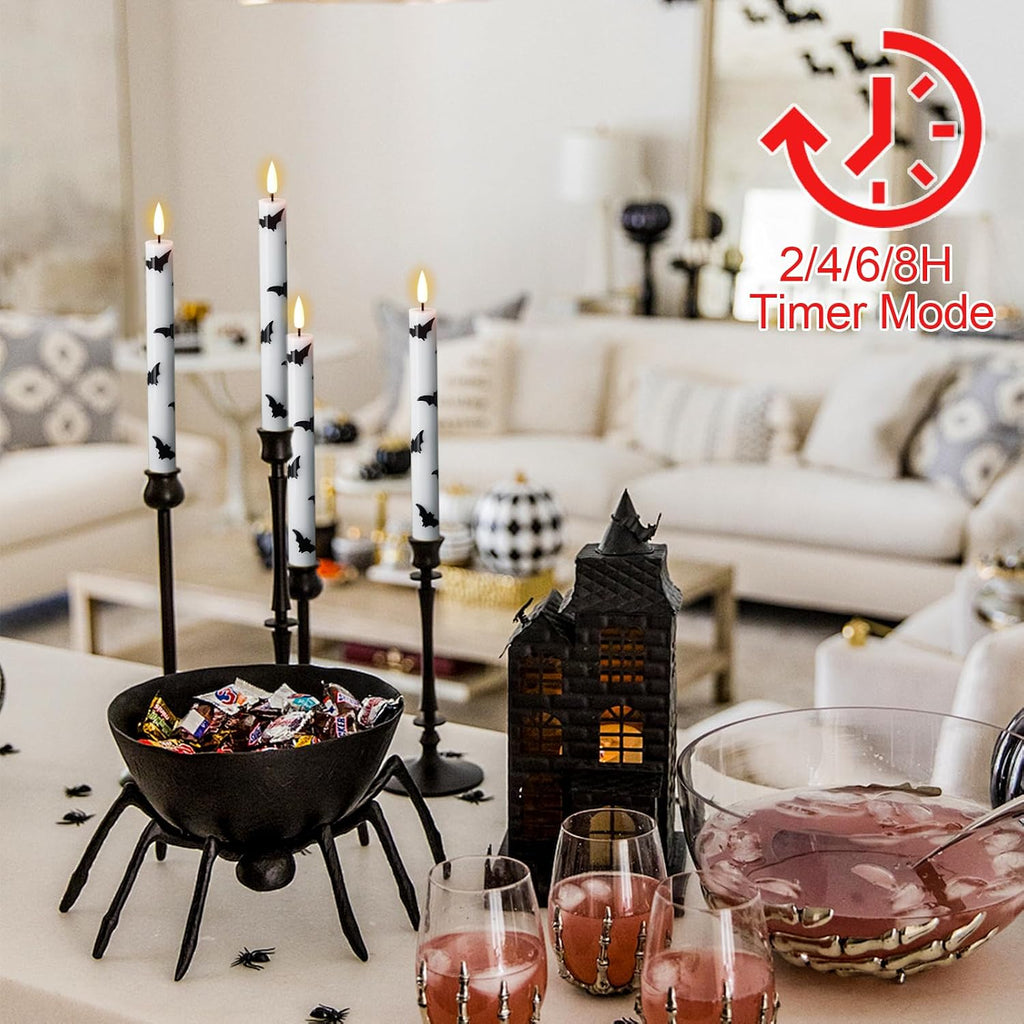 GenSwin Halloween Flameless Taper Candles, 4 Pack LED Taper Candles Battery Operated with Remote Timer, Real Wax White Flickering Flameless Candlesticks with Bat Prints for Spooky Decor(0.75” x 9.65”)