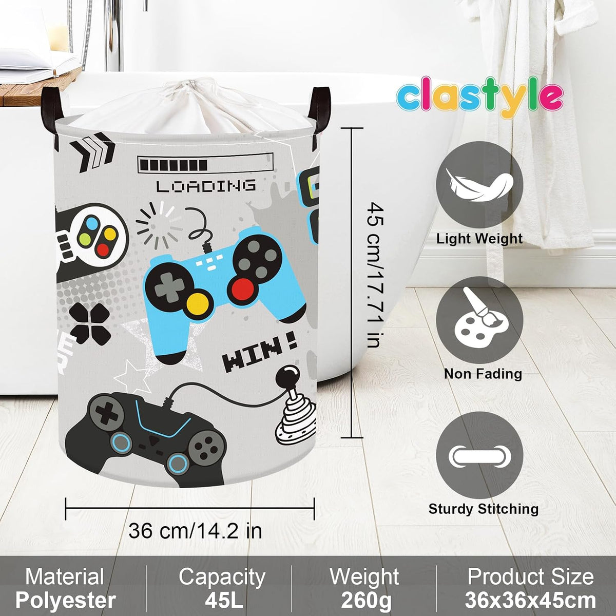 Clastyle Video Game Kid Storage Basket Foldable Boy Laundry Hamper, 45L