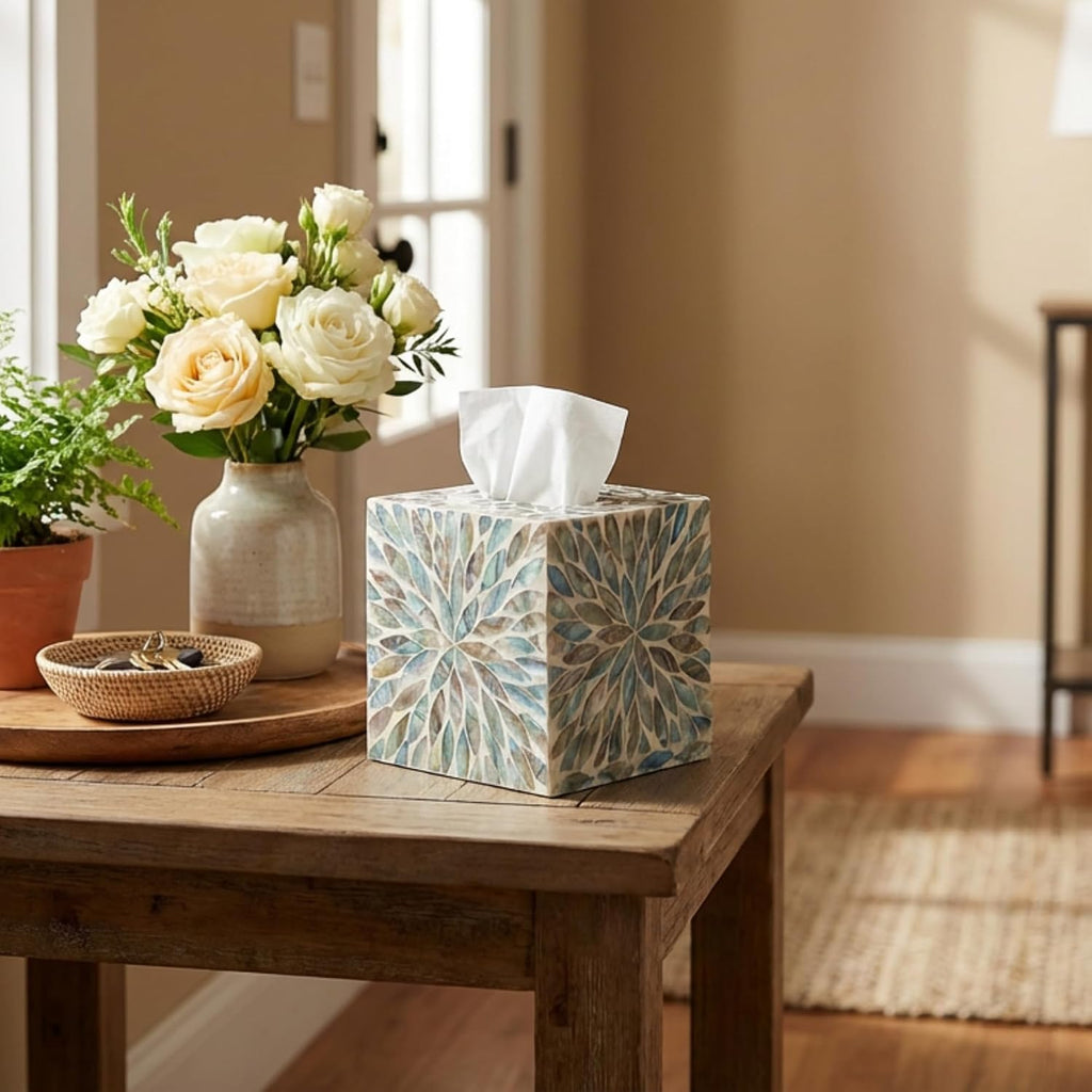 Mother of Pearl Tissue Box Cover, Decorative Tissue Box Holder Square Fits Kleenex & Puffs Tissue Box Cube for Coffee Table, Living Room, Kitchen & Dining Room (Blue)