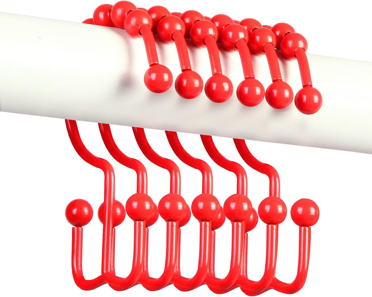 Shower Curtain Hooks,304 Stainless Steel Shower Rings for Bathroom,Double Glide Shower Hooks for Bathroom Shower Curtain Rods Curtains,Set of 12 Hooks,Red（Shower Curtain Hooks Style A ）