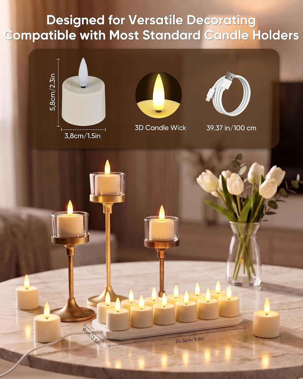 BEICHI 12Pack Rechargeable Tea Lights with Remote Timer,White Charging Base