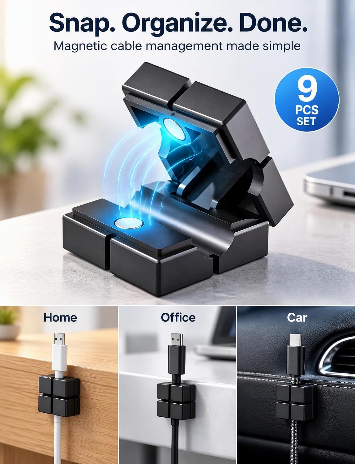 9 Pack Magnetic Cable Clips, Cord Holder Organizer for Desk, Wall