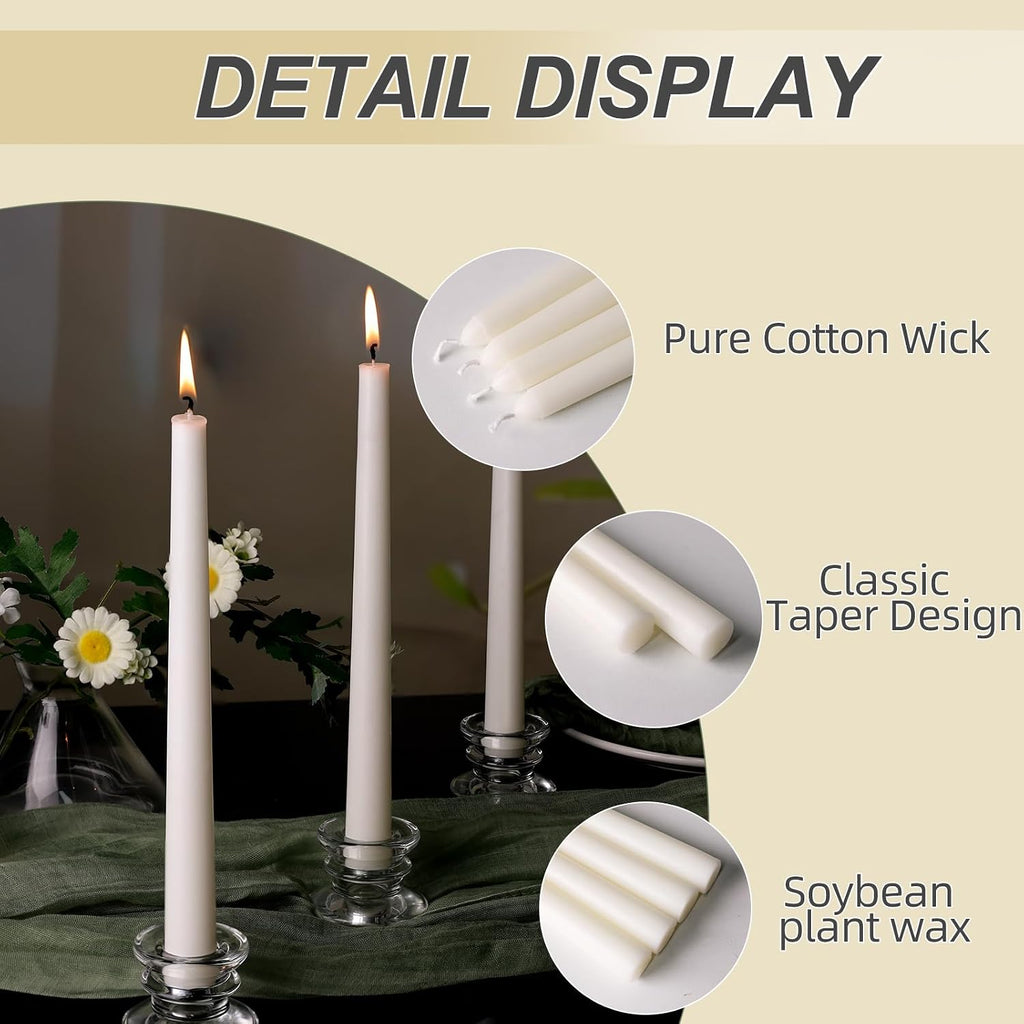 Soy Wax Taper Candles, 10 Inch White Unscented Candle Sticks, 12 Pack