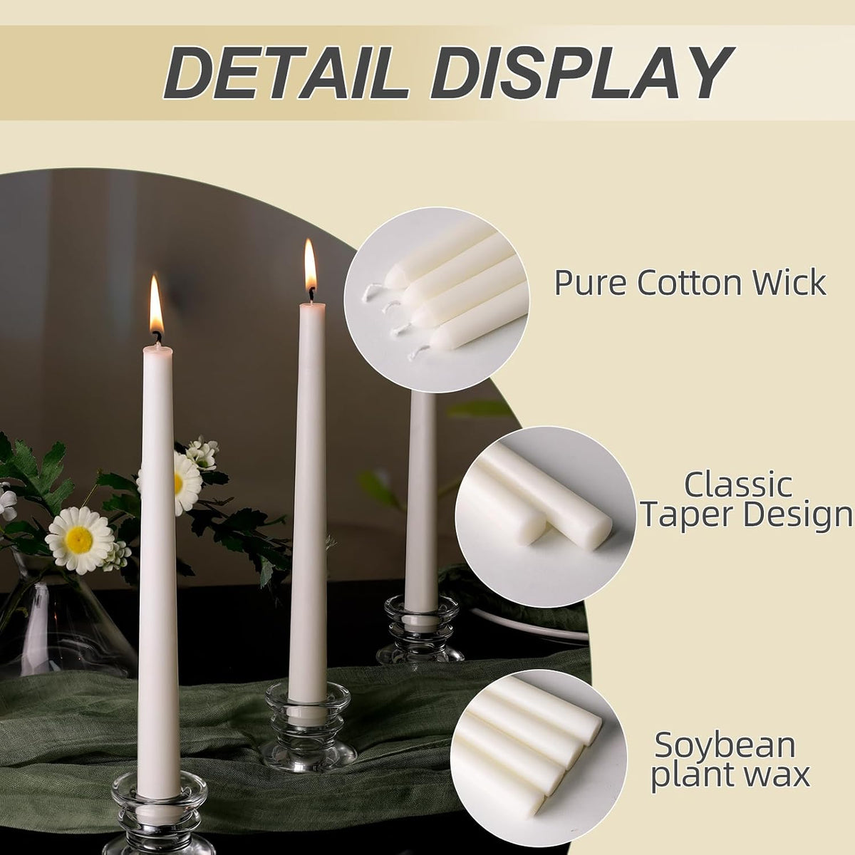 Soy Wax Taper Candles, 10 Inch White Unscented Candle Sticks, 12 Pack