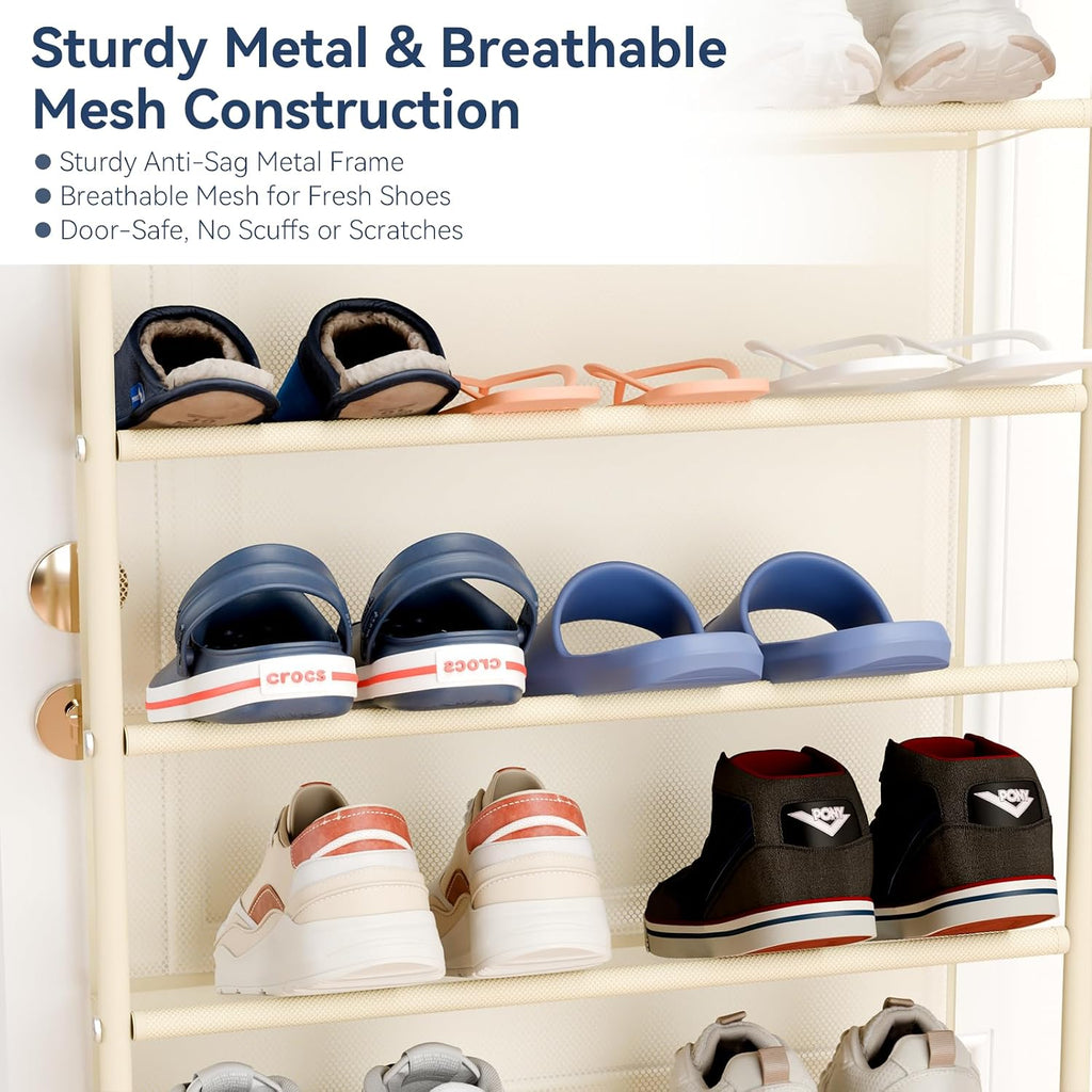 Whitmor 36 Pair Over the Door Shoe Rack,12 Tier Hanging Shoe Organizer with Metal Frame & Mesh Shelves, Heavy Duty Shoe Storage Holder for Door, No Drill Installation, 74" H x 21.7" W x 7.5" D, Beige