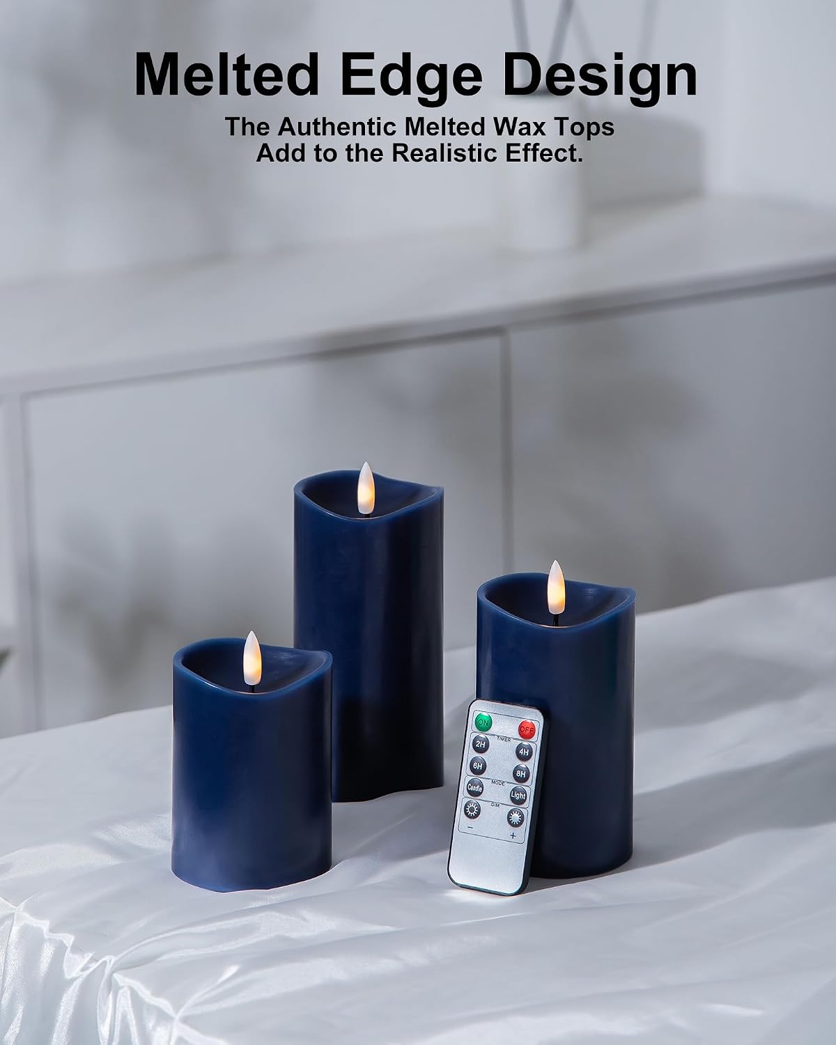 Navy Blue Real Wax Flameless Pillar Candles with Remote and Timer, Set of 3
