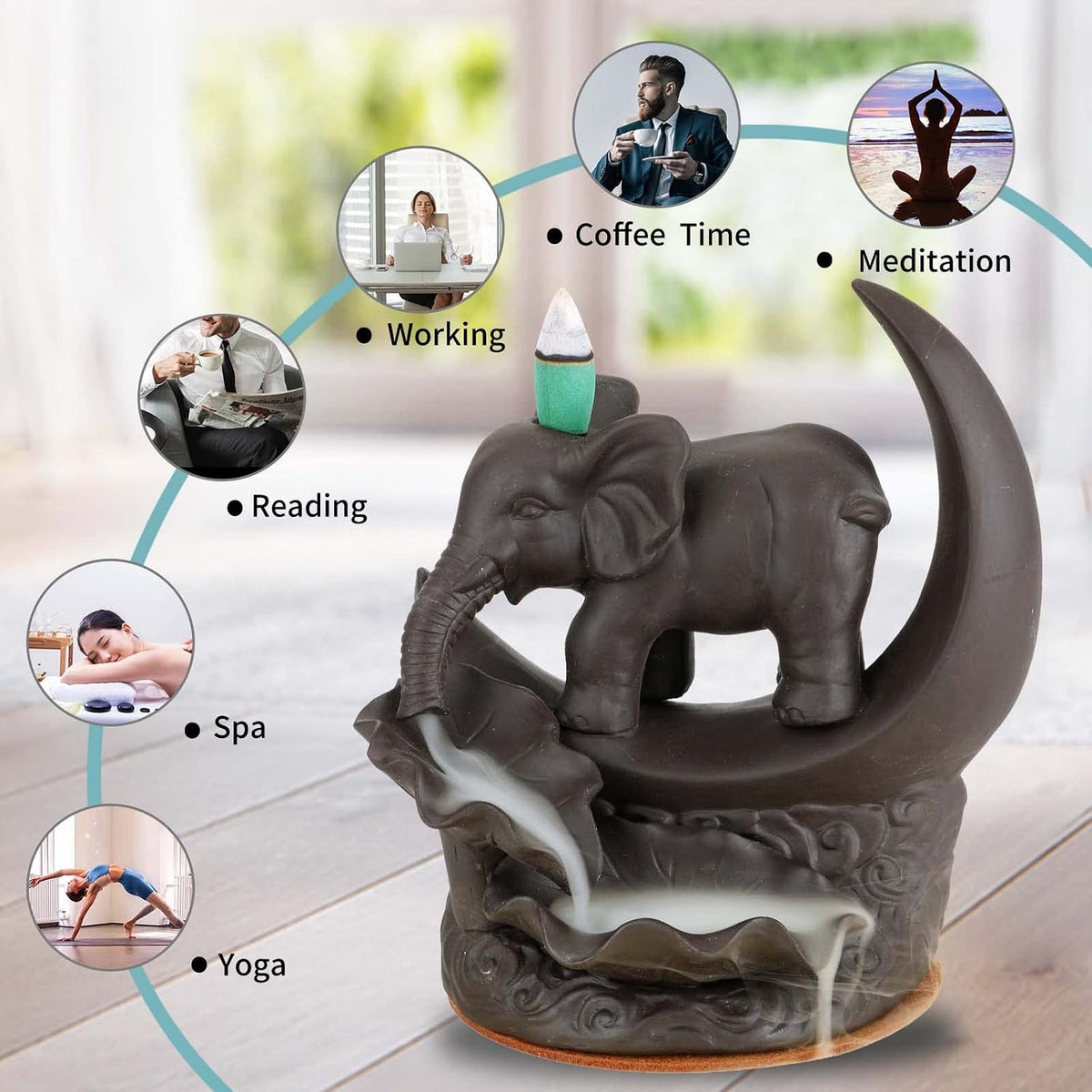 YYW Elephant Backflow Incense Burner with 20 Cones, 30 Sticks, Tweezer, Mat