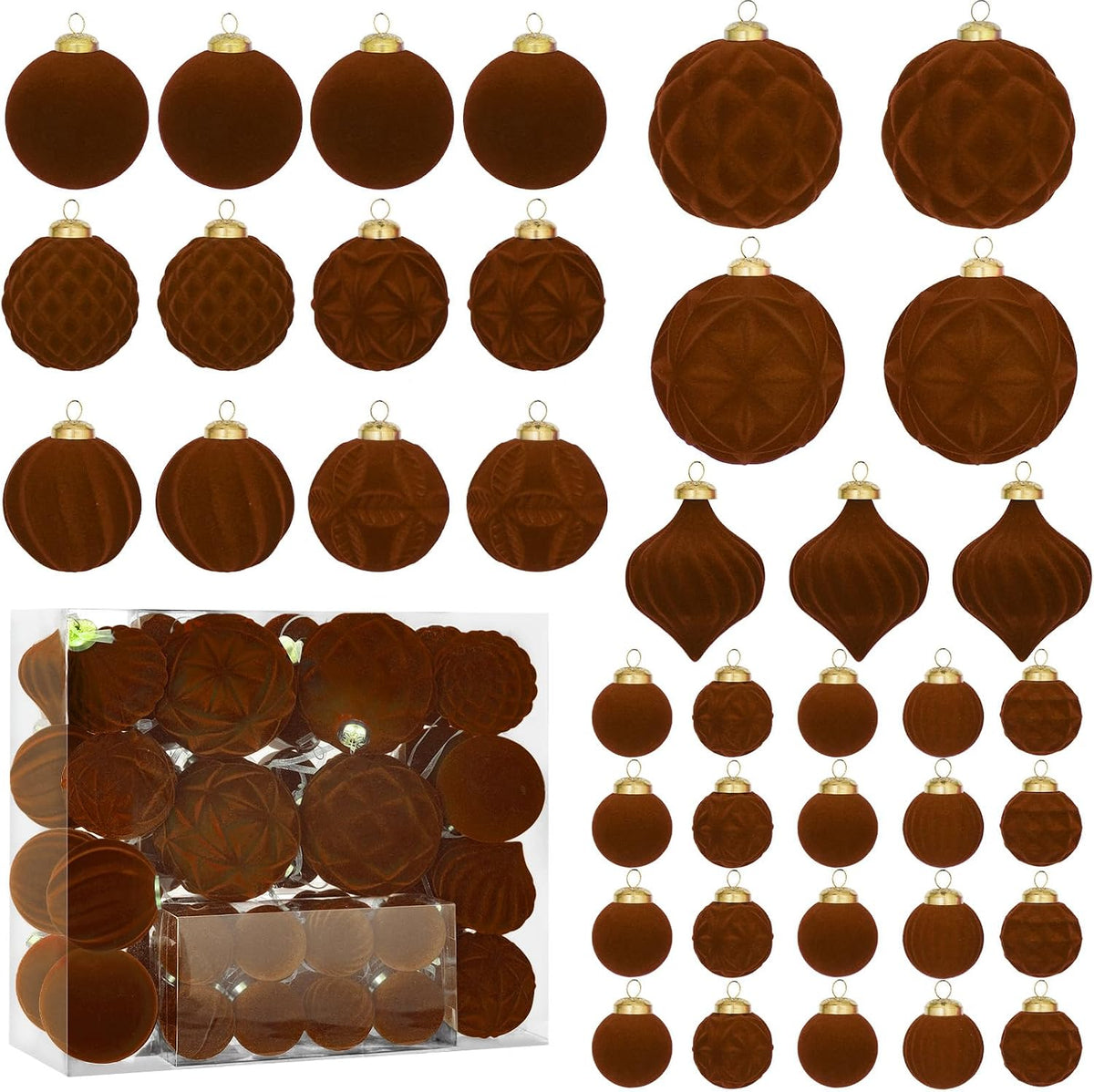 46PCS Velvet Christmas Ball Ornaments Set, Flocked Shatterproof Xmas Tree Decor, Assorted Hanging Ornaments with Loop for Holiday Home Decor, Christmas Tree Decoration (Brown)