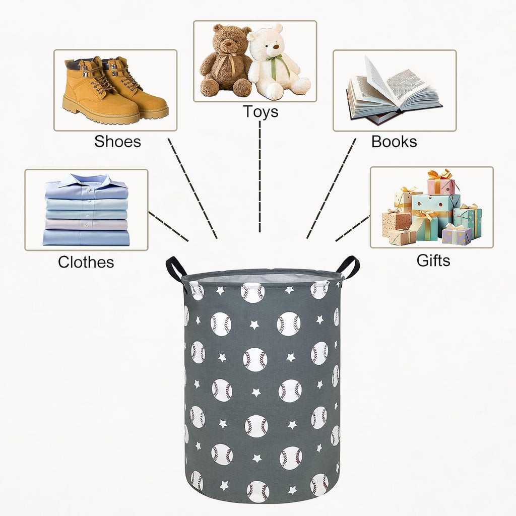 Round Fabric Collapsible Storage Basket with Handles, Grey Baseball