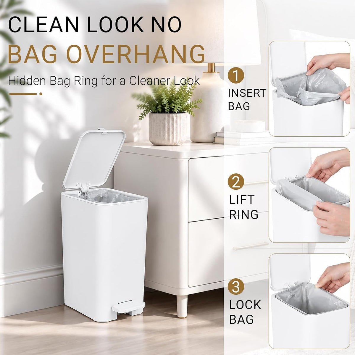 Small Bathroom Trash Can with Lid, Slim Garbage Can, 3.2 Gallon, White