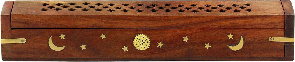 COTTON CRAFT Sheesham Wood Incense Burner Holder -Sun Moon Star Brass Inlay