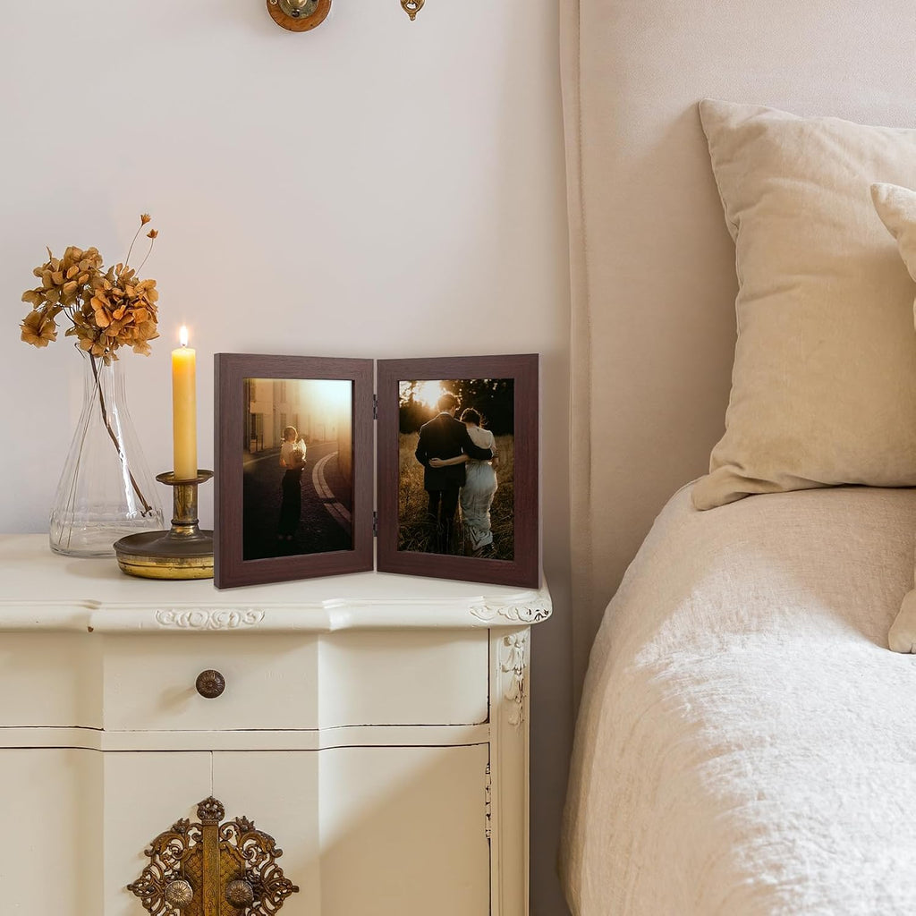 Golden State Art 5x7 Double Picture Frame, Hinged 2-Photo Frame,Brown 1Pack