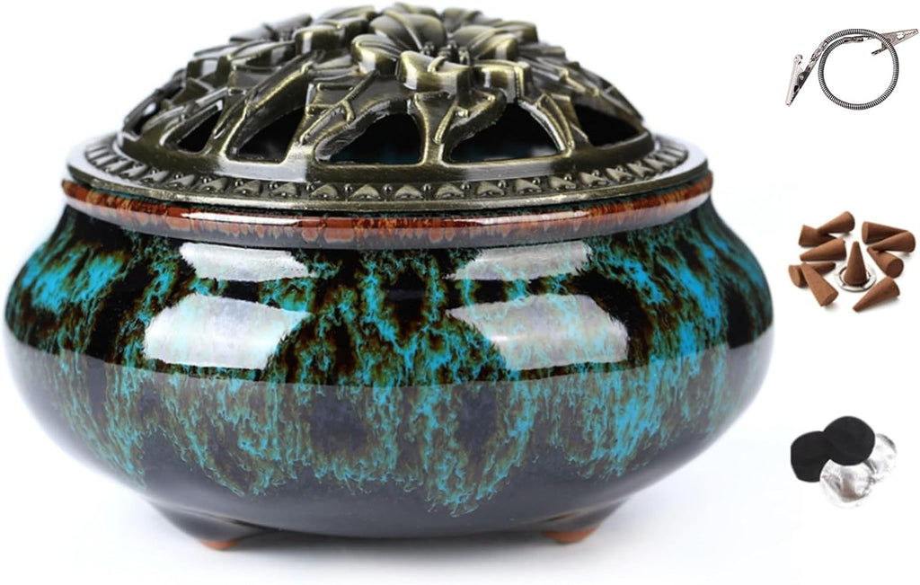 Censer Sky Blue Incense Burner with Calabash Incense Stick Holder - Porcelain Charcoal Censer for Use with Resin Granular Powder Cone or Coil Incense (Blue Fambe)