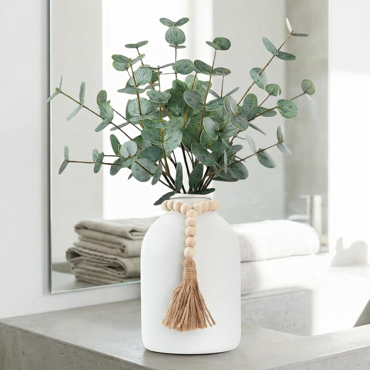 6 Pcs Artificial Eucalyptus Stems in Large White Vase ,18" Artificial Greenery Stems Centerpieces Fake Eucalyptus Stems 9 in Tall Vase Home Decor Coffee Table Kitchen Table Centerpieces Decor (White)