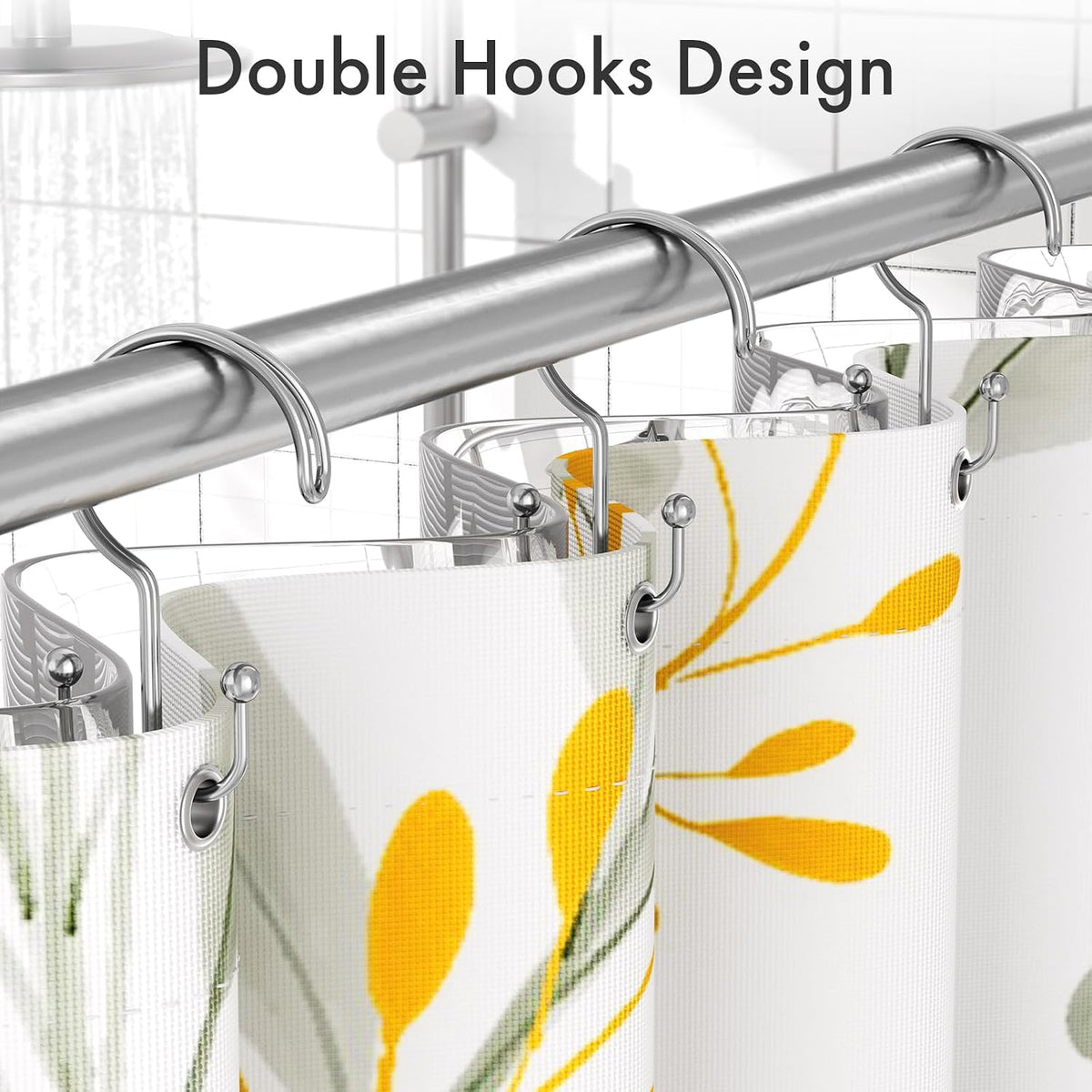Bathway Shower Curtain Hooks Ring Chrome, 12 Pcs Double Sided Shower Hooks, Rust Proof Metal Shower Hooks for Bathroom, Anti-Drop Shower Rings for Shower Curtain & Liners