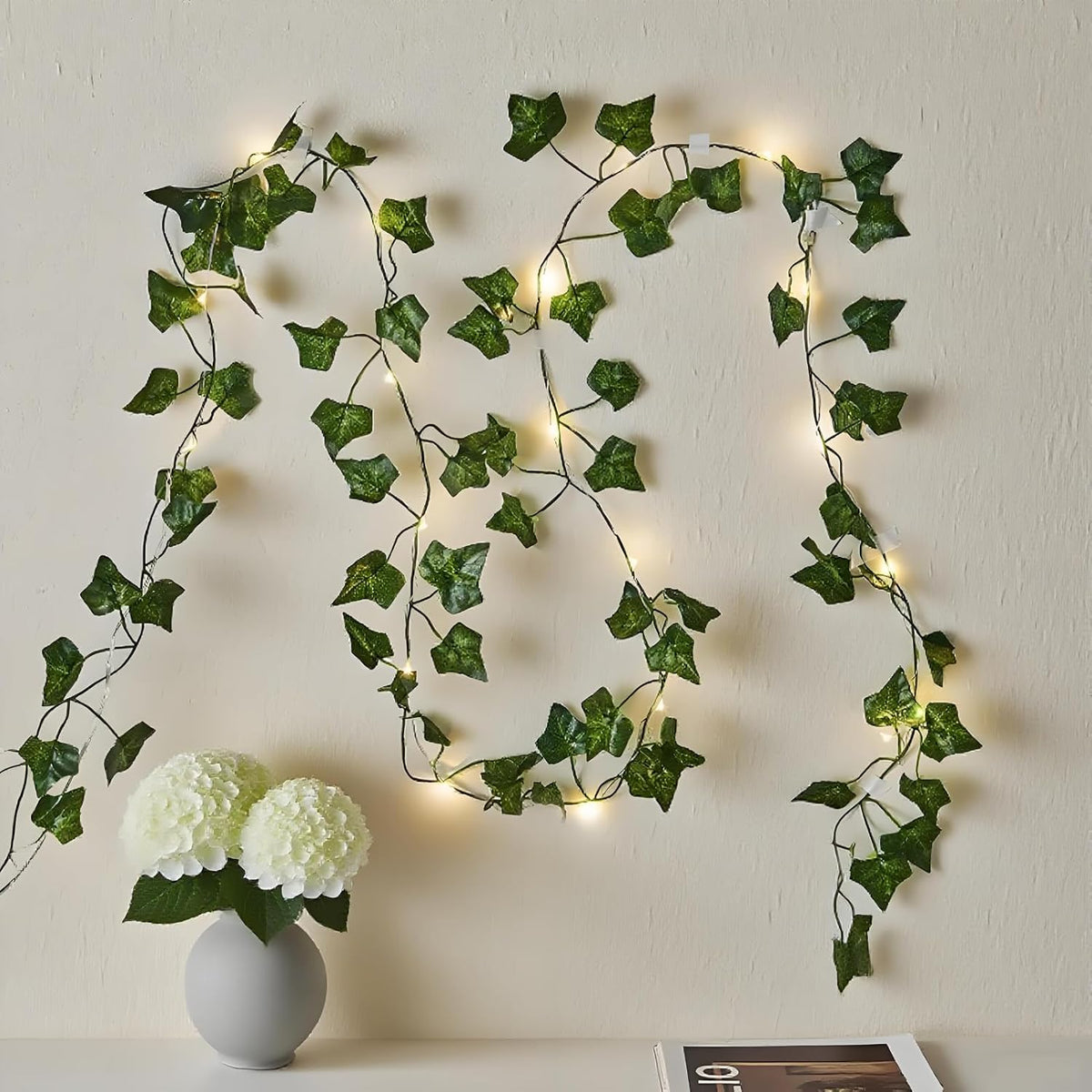 2 Pack Vines with Fairy Lights 40ft 120 LED Ivy String Lights USB Plugin & Battery Operated Leaf Lights with Timer 8 Modes Remote Decorative Light for Bedroom Wedding Party - Warm White
