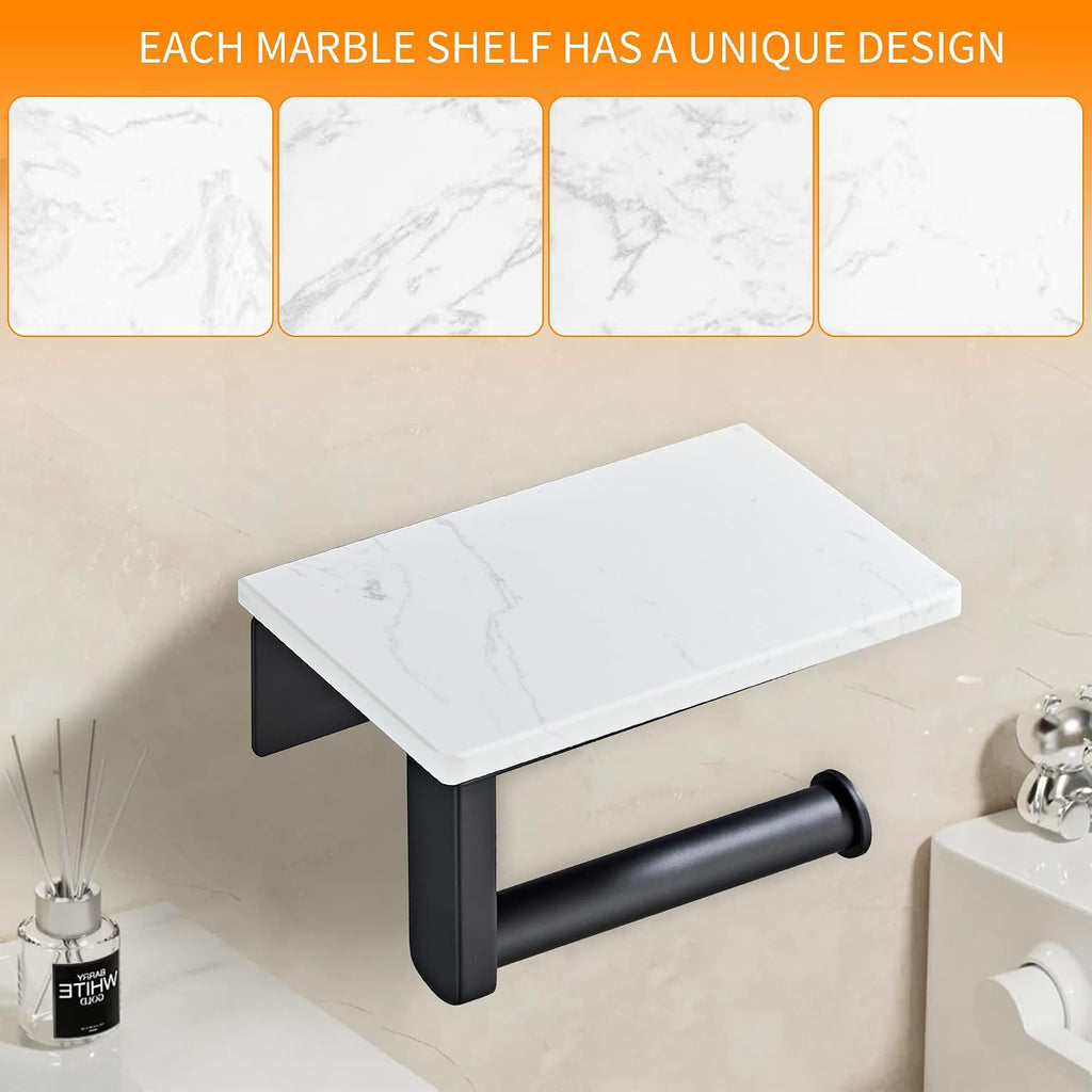 Matte Black Toilet Paper Holder with Marble-Look Shelf, Wall Mounted SUS304 Stainless Steel Toilet Roll Holder with Phone Storage