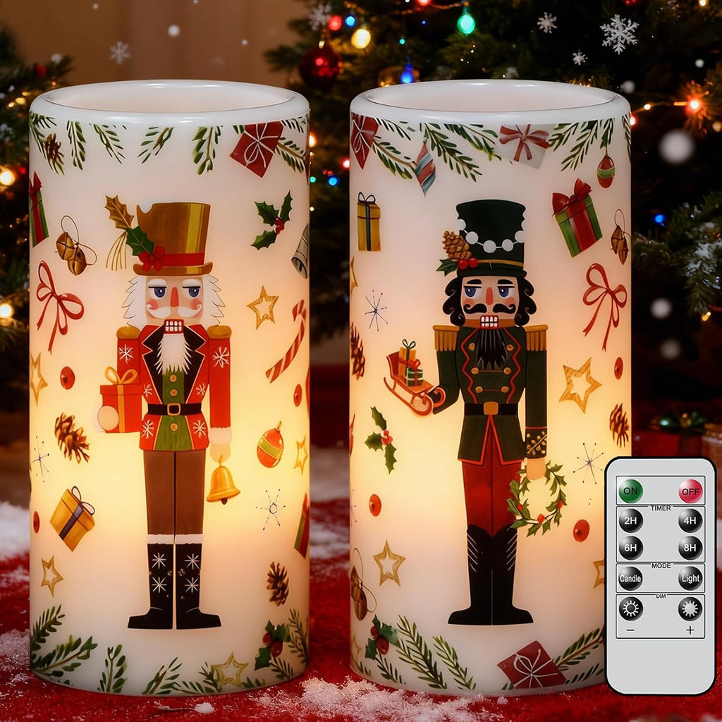 Christmas Nutcracker Flameless Pillar Candles with Remote Timer