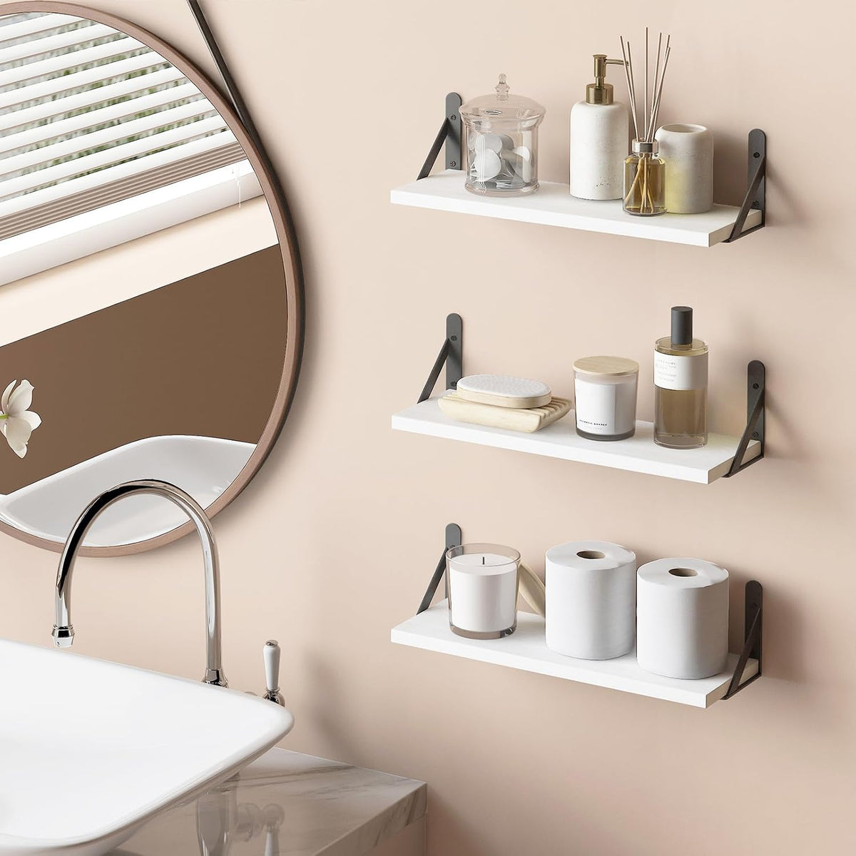 YGEOMER 16.5 Inch Floating Shelves for Wall Home Decor, White, Set of 6