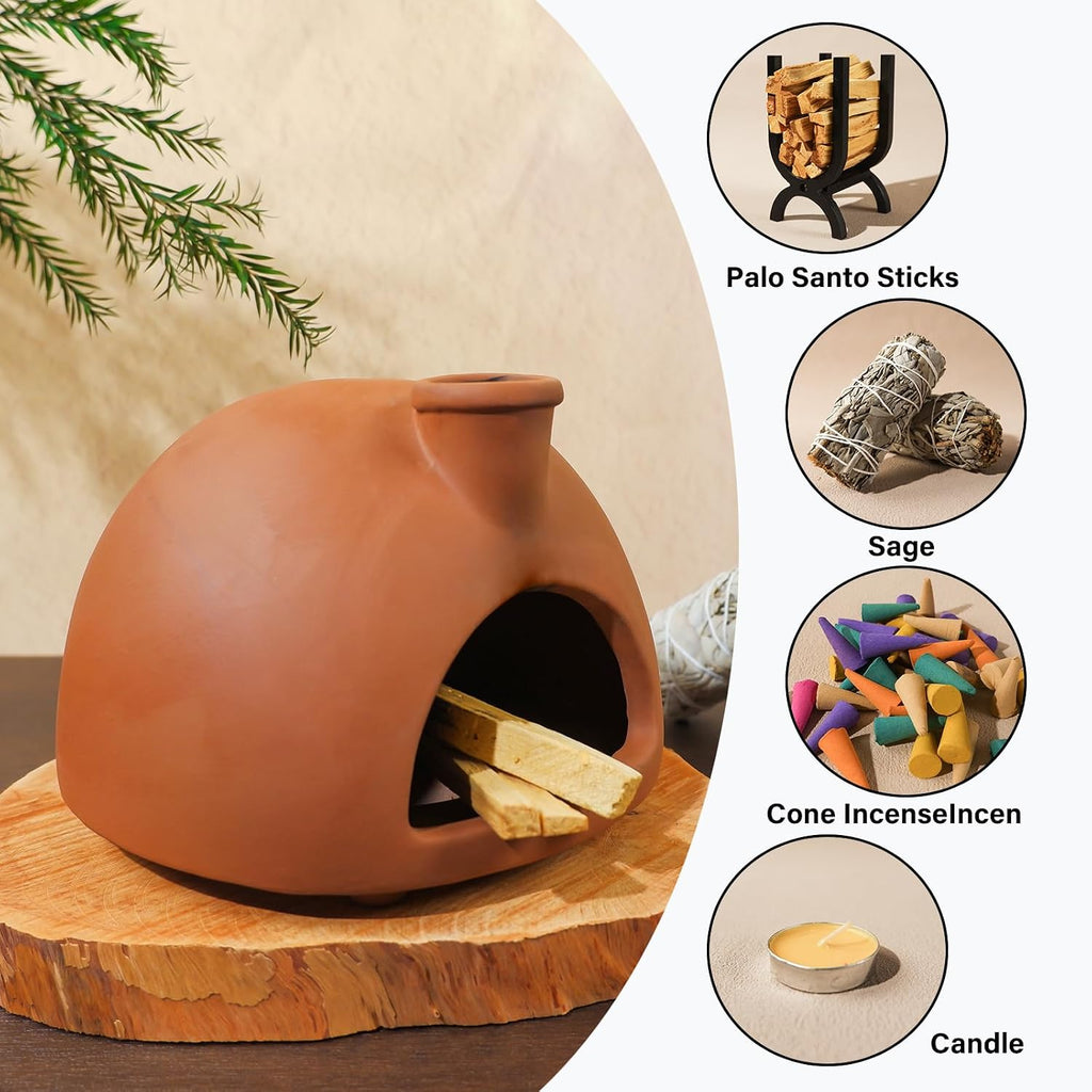Large Terracotta Palo Santo Holder - Chiminea Incense Dish with Chimney
