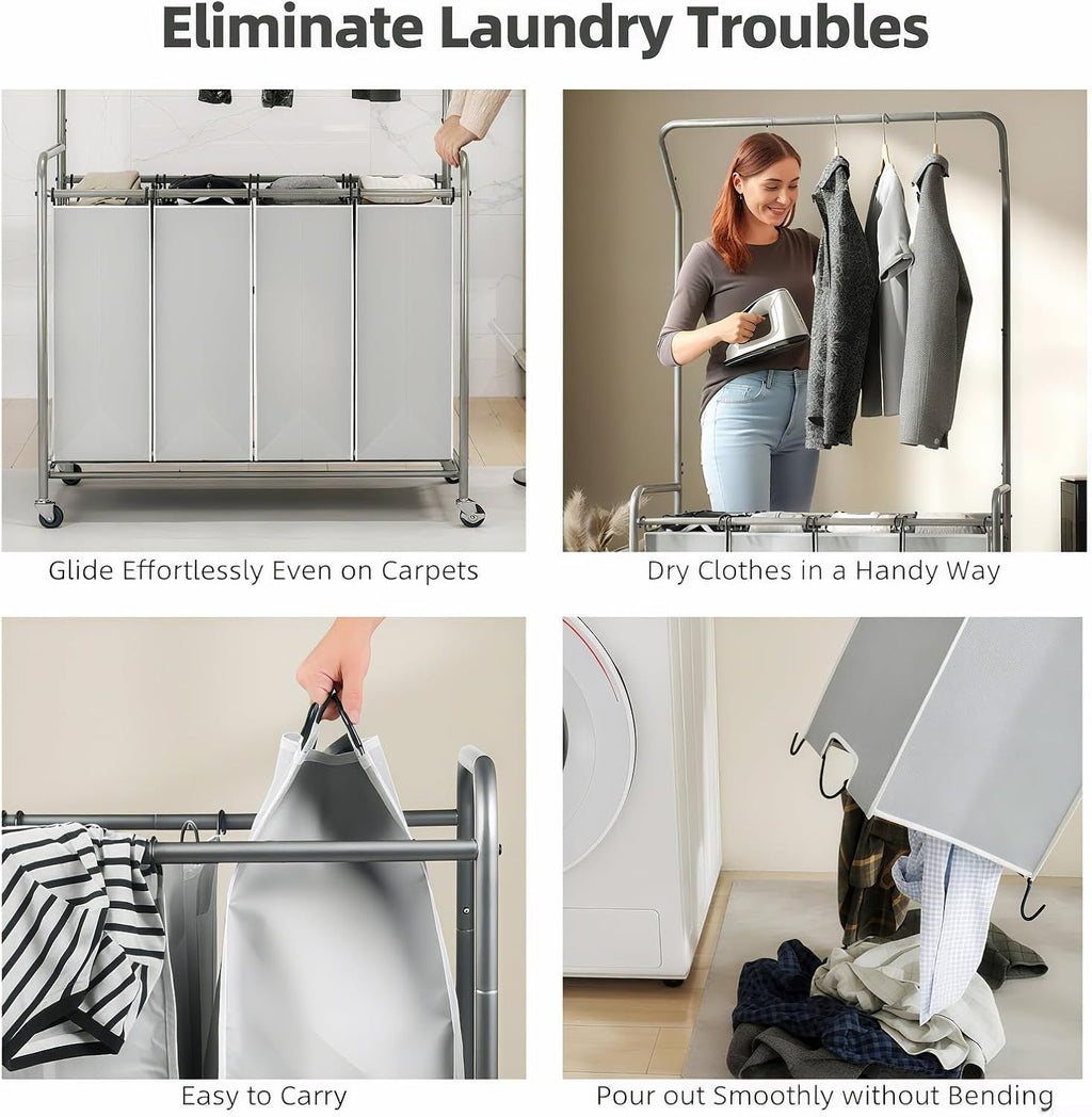 ROMOON Laundry Hamper Sorter Cart, 4 Section Organizer with Hanging Bar