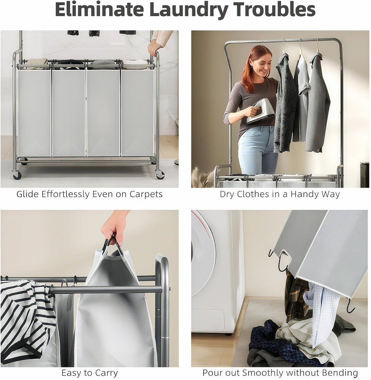 ROMOON Laundry Hamper Sorter Cart, 4 Section Organizer with Hanging Bar