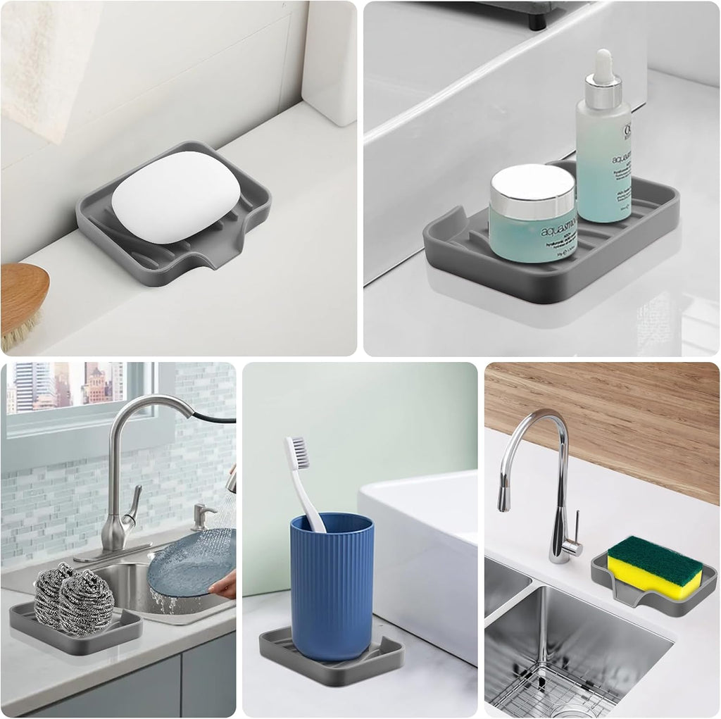 2PCS Self Draining Soap Holder,Spofit Silicone Soap Dish, Suitable for for Kitchen, Bathroom, Shower, Bath Tub,Soap Container (Grey)