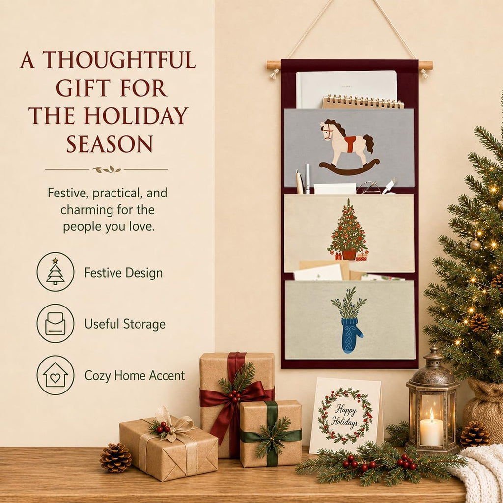IAXIC Christmas Decor Rocking Horse Tree Mitten Canvas Wall Art Organizer