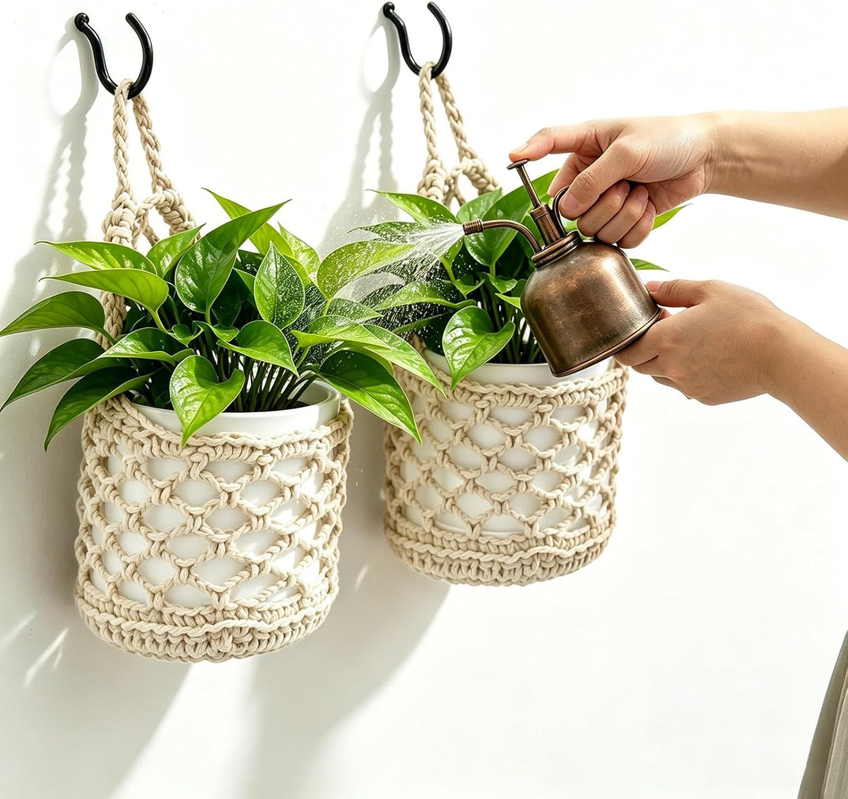 4-Pack 5-Inch Macrame Wall Plant Hangers Fits 4–5" Pots Up to 5" Tall Natural Cotton Hanging Planter Baskets for Indoor Plants, Boho-Style Woven Plant Baskets for Walls White