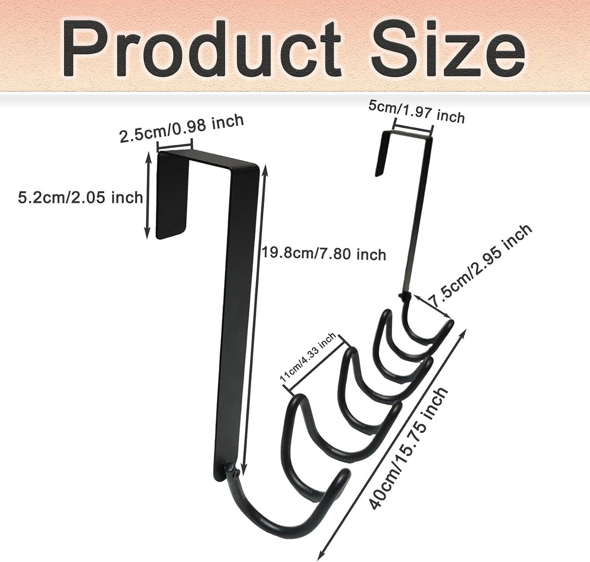 Wave Shaped Over The Door Hook, Metal Door Hanging Rack with 4 Hooks, Black