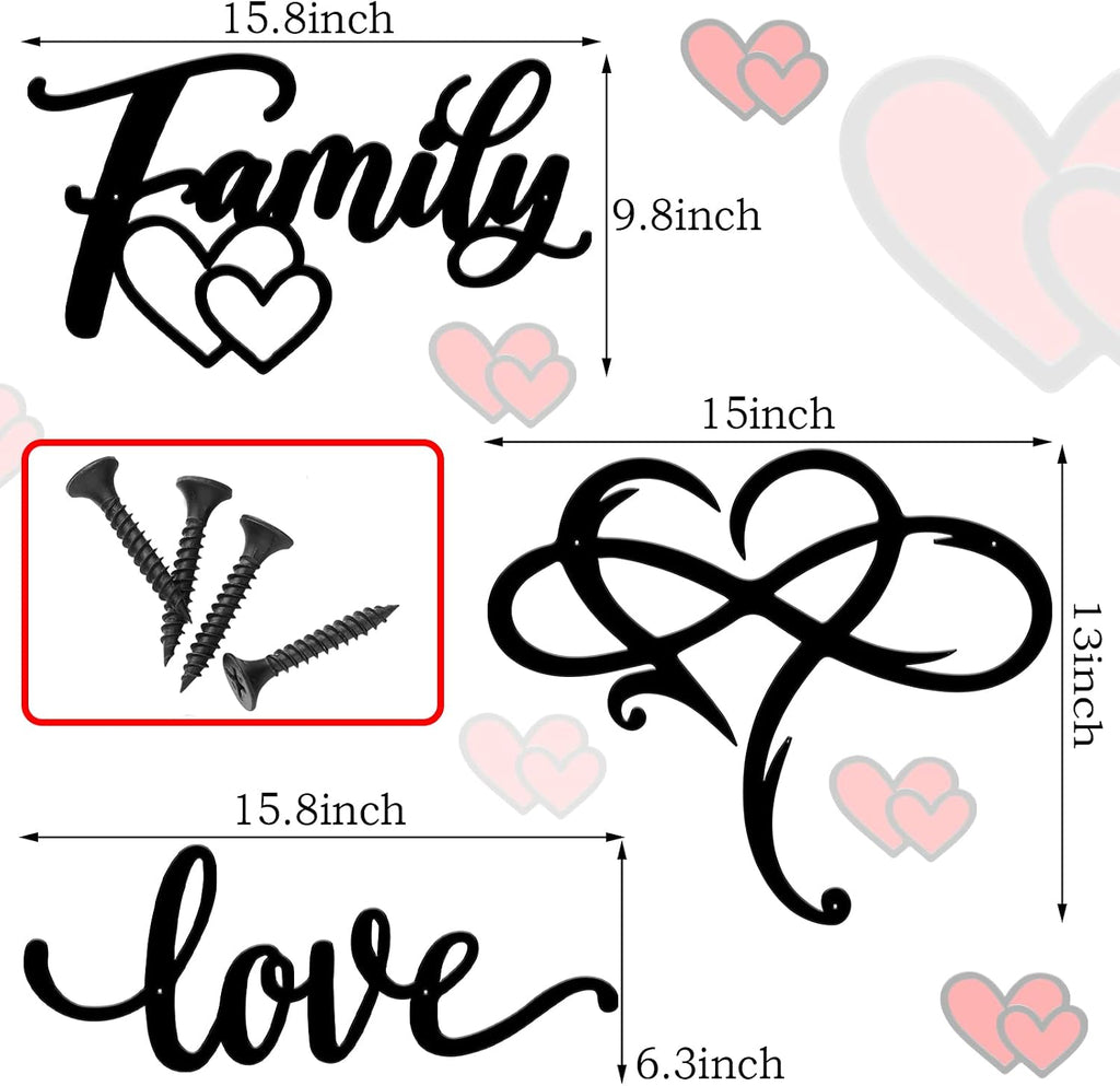 Moxweyeni 3 Pcs Black Metal Wall Decors Family Love Heart Signs