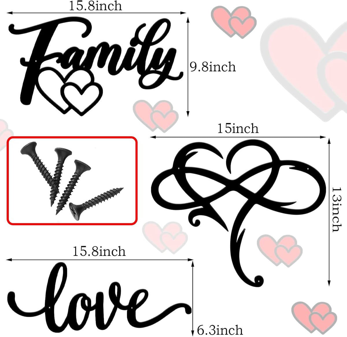Moxweyeni 3 Pcs Black Metal Wall Decors Family Love Heart Signs