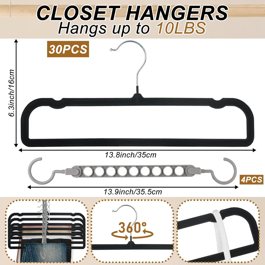 Velvet Pants Hangers Non Slip, 30 Pack Velvet Hangers for Closet with Porous Hooks, Strong Durable Space Saving Slim Clothes Hanger, Ultra Soft Flocked Hanger for Pants/Shirts/Bra/Shorts (Black)