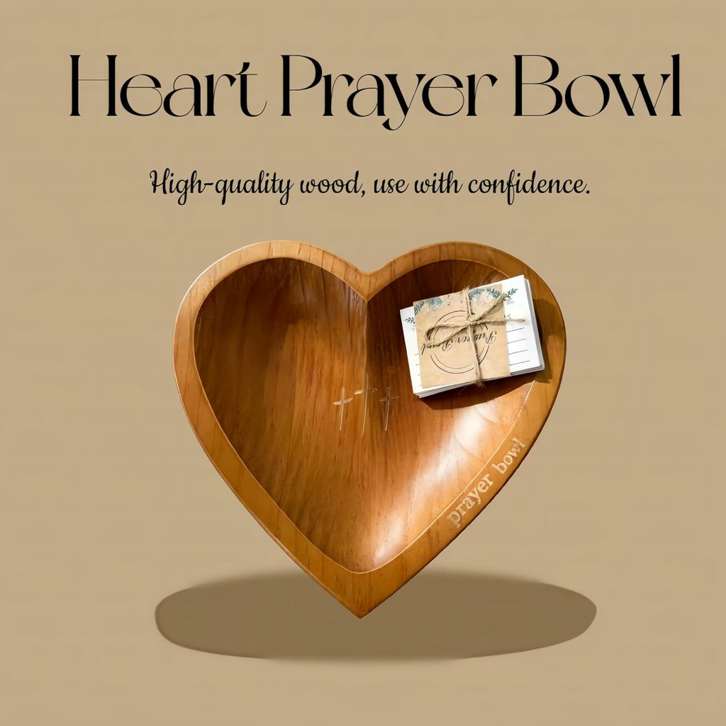 Heart Prayer Bowl with 24 Cards, Christian Heart Shaped Wooden Dough Bowl, Handcrafted Prayer Request Bowl, Religious Gift for Women, Mom, Baptism, Church, Thanksgiving & Christmas Decor