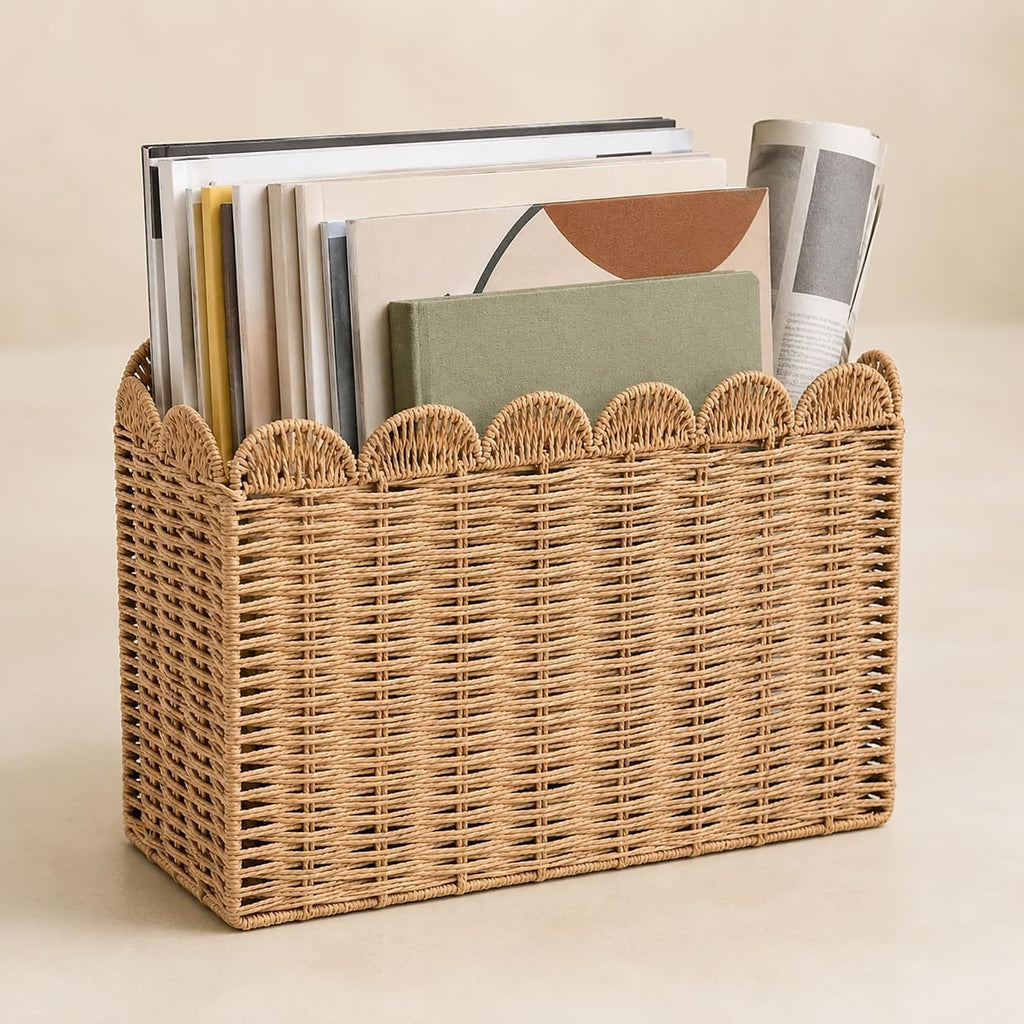 Wicker Magazine Basket, Paper Rope Scalloped Magazine Holder for Files Books Newspapers and Documents, Handwoven Floor Organizer Rack for Office Living Room Bathroom