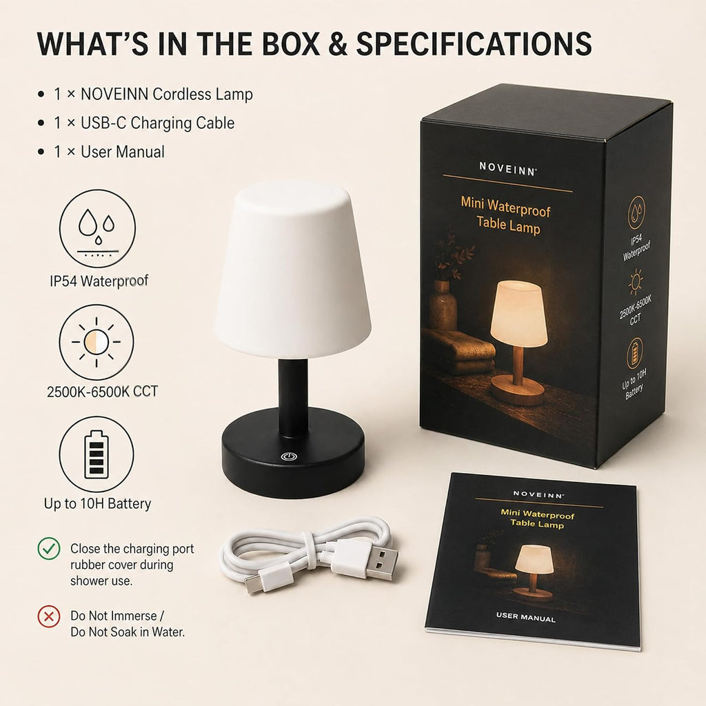 NOVEINN Shower Lamp IP54 Waterproof, Cordless Table Lamp, Black 1 Pack