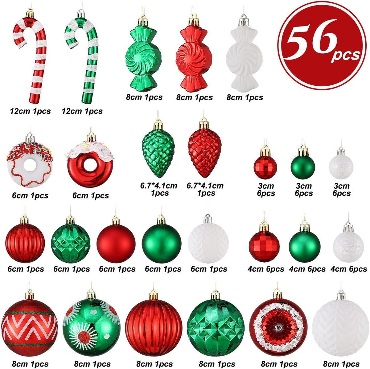 Christmas Tree Ornaments, 56PCS Red White Green Christmas Ornaments Shatterproof Multi Colored Plastic Hanging Balls for Xmas Decoration Holiday Party