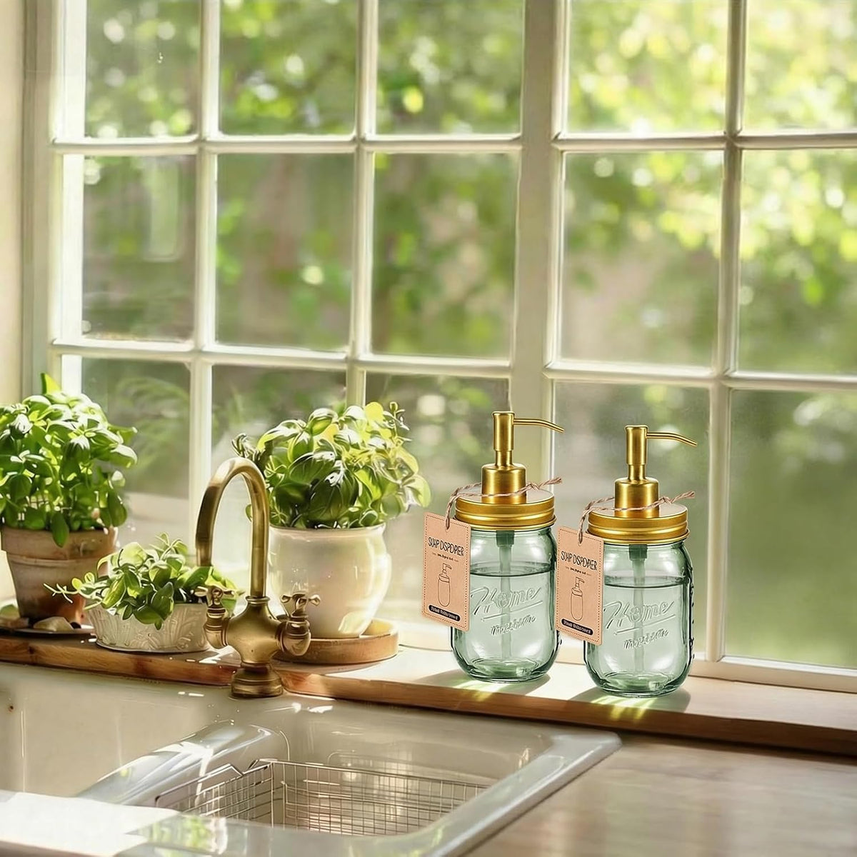 SheeChung Green Glass Mason Jar Liquid Soap Dispenser, 16oz, Gold, 2 Pack
